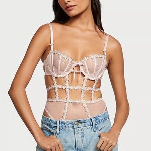 Victorias Secret wicked rosebud embroidery teddy pink fizz lingerie bodysuit NWT